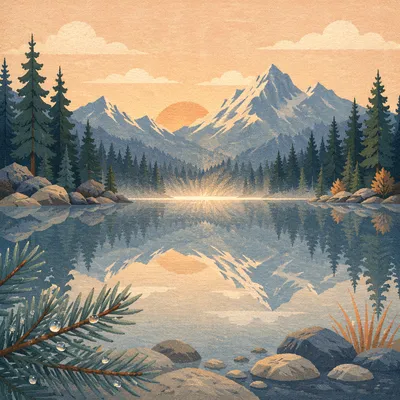 Calm Morning Lake with Evergreen Mountain Reflection