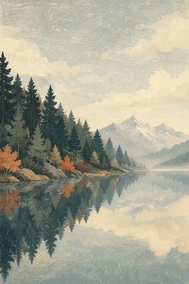 Misty Alpine Lake With Evergreen Reflection