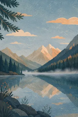 Calm Morning Lake with Evergreen Mountains