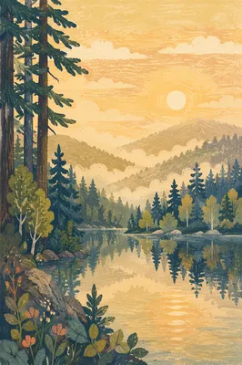 Calm Morning Lake With Evergreen Mountain Reflections