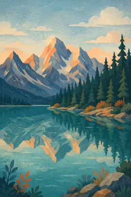Peaceful Morning Lake and Evergreen Mountains