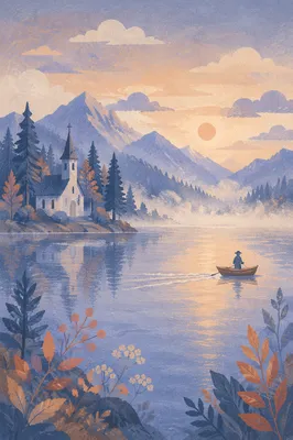 Morning Chapel by Calm Alpine Lake