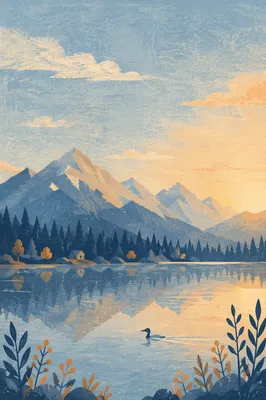 Serene Morning Lake with Evergreen Mountains