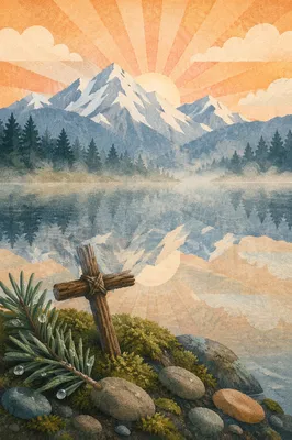 Quiet Alpine Lake Cross at Sunrise