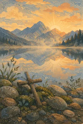Peaceful Alpine Lake Cross at Sunrise