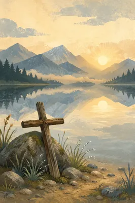 Calm Alpine Lake Cross at Sunrise