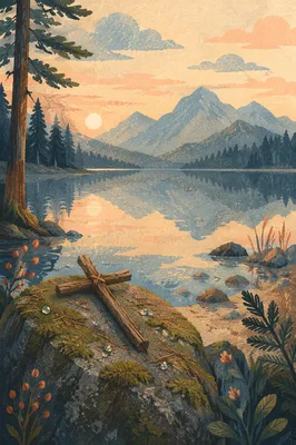 Morning Lake Cross Amid Evergreen Mountains