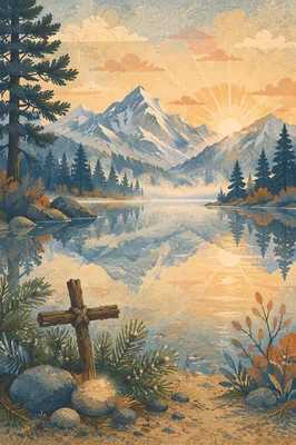 Morning Lake Reflection with Humble Wooden Cross