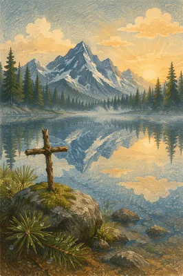 Wooden Cross by Calm Alpine Lake