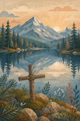 Morning Cross by Reflective Alpine Lake