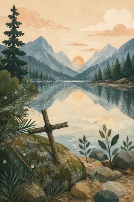 Morning Lake Reflection with Wooden Cross