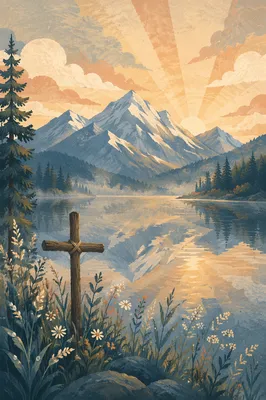 Calm Alpine Lake Reflection with Wooden Cross
