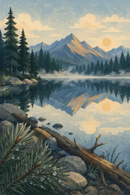 Calm Morning Lake with Evergreen Mountain Reflections