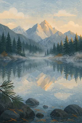 Calm Morning Lake Reflection in Evergreens