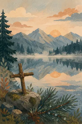 Quiet Alpine Lake Cross at Sunrise