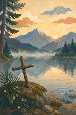 Morning Lake Reflection with Wooden Cross