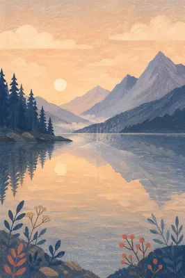 Calm Mountain Lake at Peach Dawn