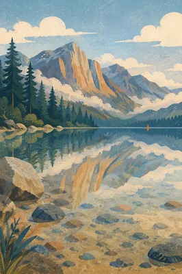 Peaceful Morning Lake and Evergreen Mountains