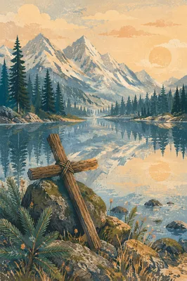 Wooden Cross by Calm Alpine Lake