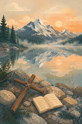Morning Lake Reflection with Wooden Cross