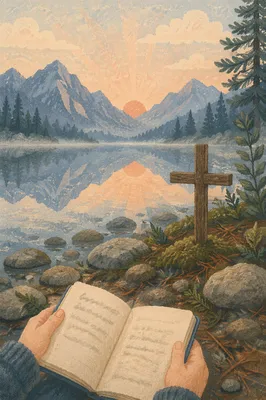 Morning Lake Reflection with Wooden Cross