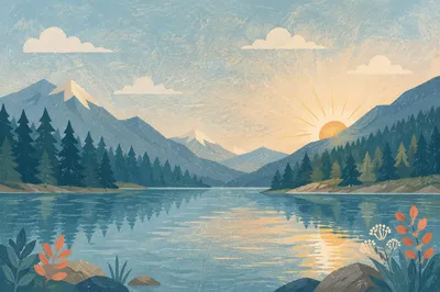 Calm Morning Lake with Evergreen Mountains