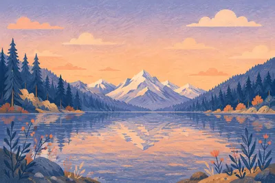 Calm Morning Lake with Evergreen Mountains