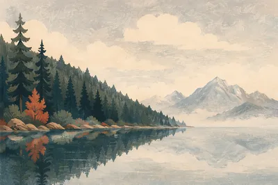 Misty Morning Lake with Evergreen Mountain Reflection
