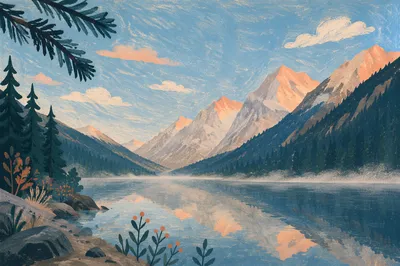 Calm Morning Lake With Evergreen Mountains