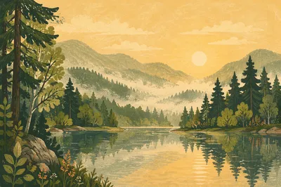 Calm Evergreen Lake at Misty Sunrise