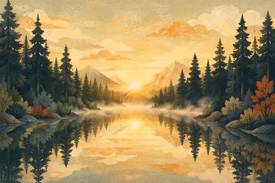 Calm Evergreen Lake at Golden Dawn