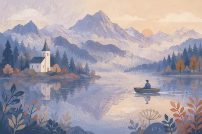 Serene Chapel by Misty Alpine Lake