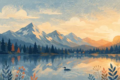 Calm Morning Lake with Evergreen Mountains