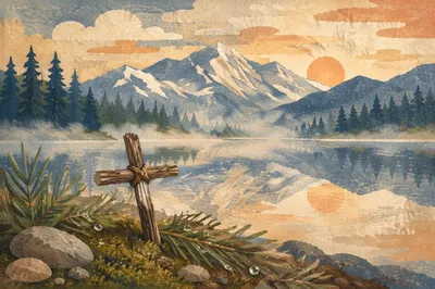 Morning Lake Reflection With Wooden Cross