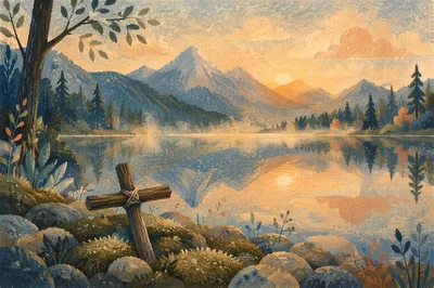 Morning Cross by Calm Alpine Lake