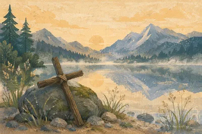 Calm Alpine Lake Cross at Sunrise