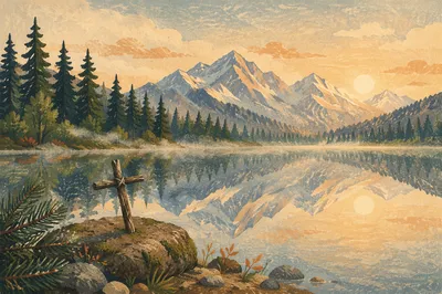 Morning Lake Reflection with Wooden Cross