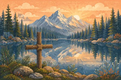 Morning Cross by Calm Alpine Lake