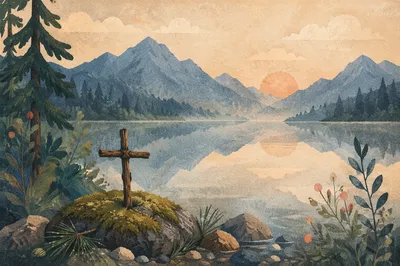 Morning Cross by Calm Alpine Lake