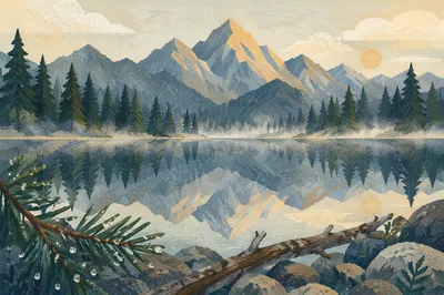 Calm Morning Lake Reflection in Evergreen Mountains