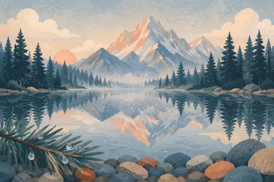 Serene Morning Lake Reflection in Evergreens