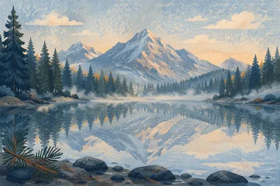Calm Morning Lake Reflection in Evergreens