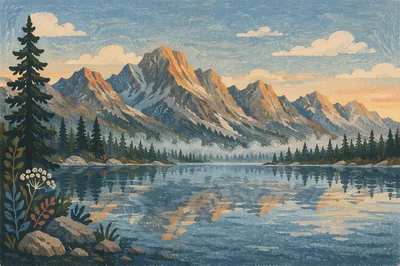 Calm Morning Lake Reflection in Mountains