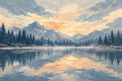 Calm Morning Lake Reflection in Evergreen Mountains