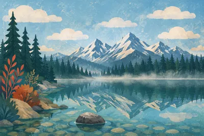 Calm Morning Lake Reflection in Mountains