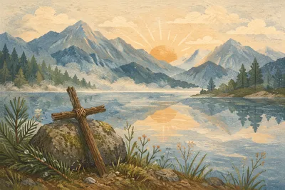 Morning Lake Reflection with Rustic Wooden Cross