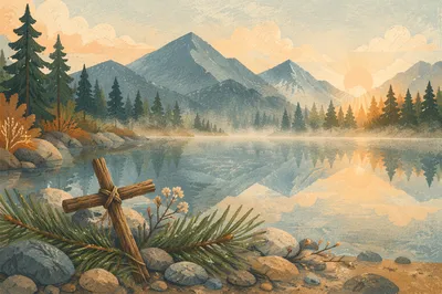 Quiet Alpine Lake Cross at Dawn