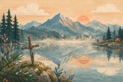 Wooden Cross by Calm Alpine Lake