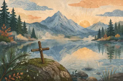 Morning Lake Reflection with Wooden Cross