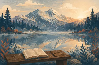 Morning Devotion by Reflective Alpine Lake